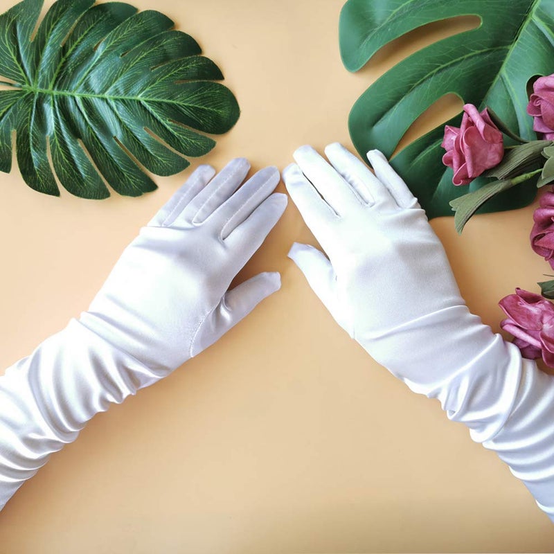CREATIEE-PRO 2 Pair Little Girls Long Princess Costume Glove, Creatiee White Dress Up Beading Bows Glove for Kids Party, Wedding, Birthday, Holiday, Formal Pageant (White) - Image 2